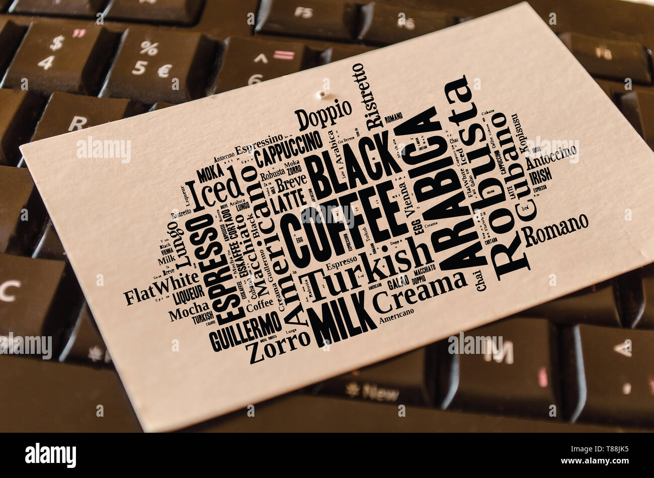 Coffee drinks words cloud collage over keyboard background Stock Photo