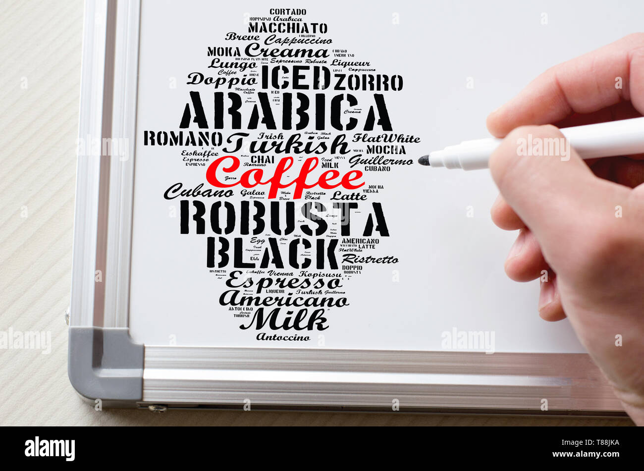 Coffee drinks words cloud collage over whiteboard background Stock Photo
