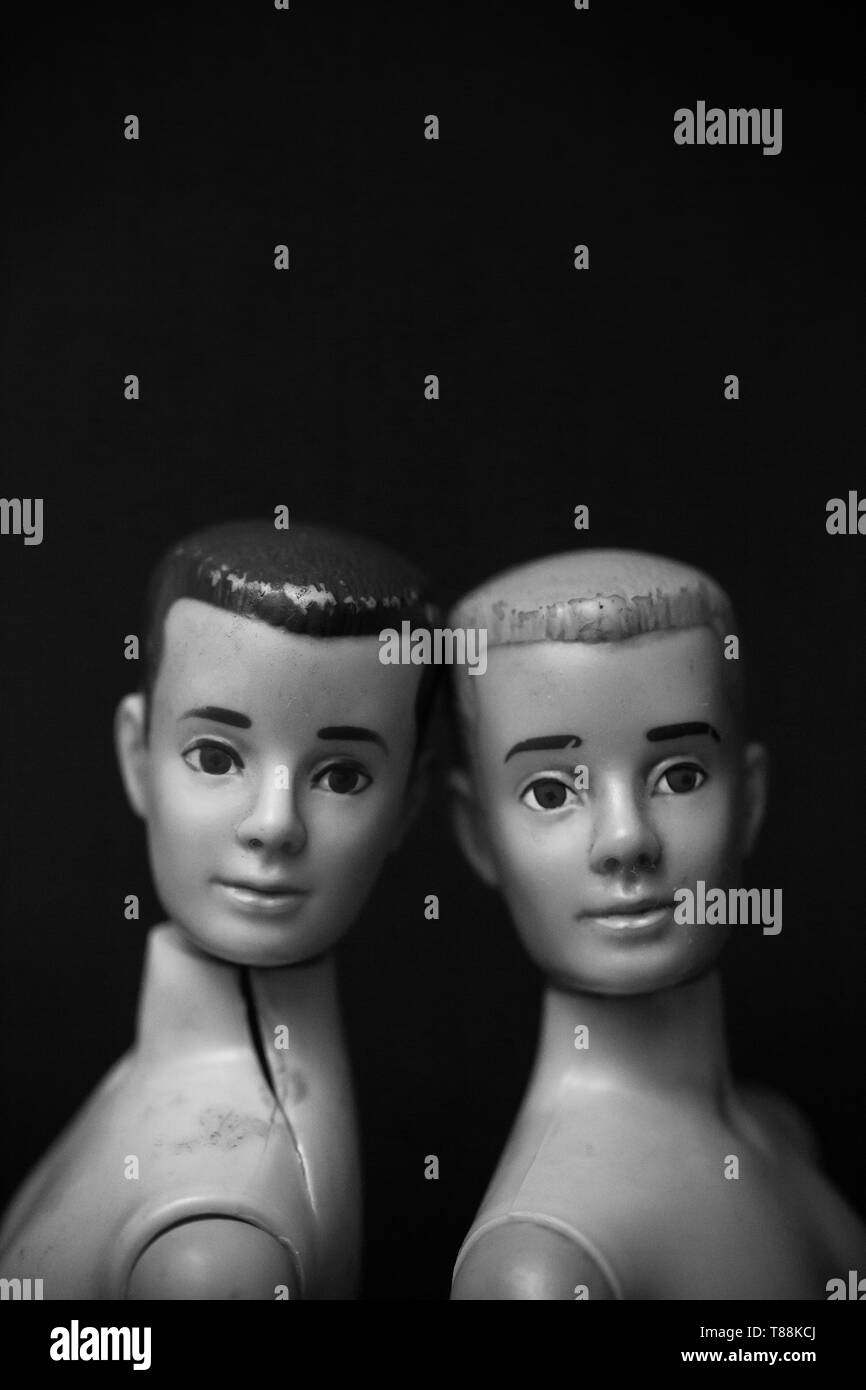 WOODBRIDGE, NEW JERSEY - May 10, 2019: Two Mattel Ken Dolls from the 1960s are photographed in black and white Stock Photo