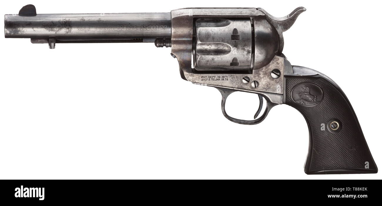 A Colt SAA 'Frontier Six Shooter' Cal..44-40, no. 143553. Smooth 5 1/2Â´Â´ barrel, on top the company's address, inscribed on the left with 'Colt Frontier Six Shooter'. Under the barrel and on the cylinder English proof mark, on the left of the frame patent data, the loading flap stamped '556'. The barrel as well as the frame with remnants of the bluing, the frame with traces of the colour case-hardening. Black hard rubber grip panels with the Colt emblem, the left grip panel torn on the lower left. According to the manufacturer this weapon was d, Additional-Rights-Clearance-Info-Not-Available Stock Photo