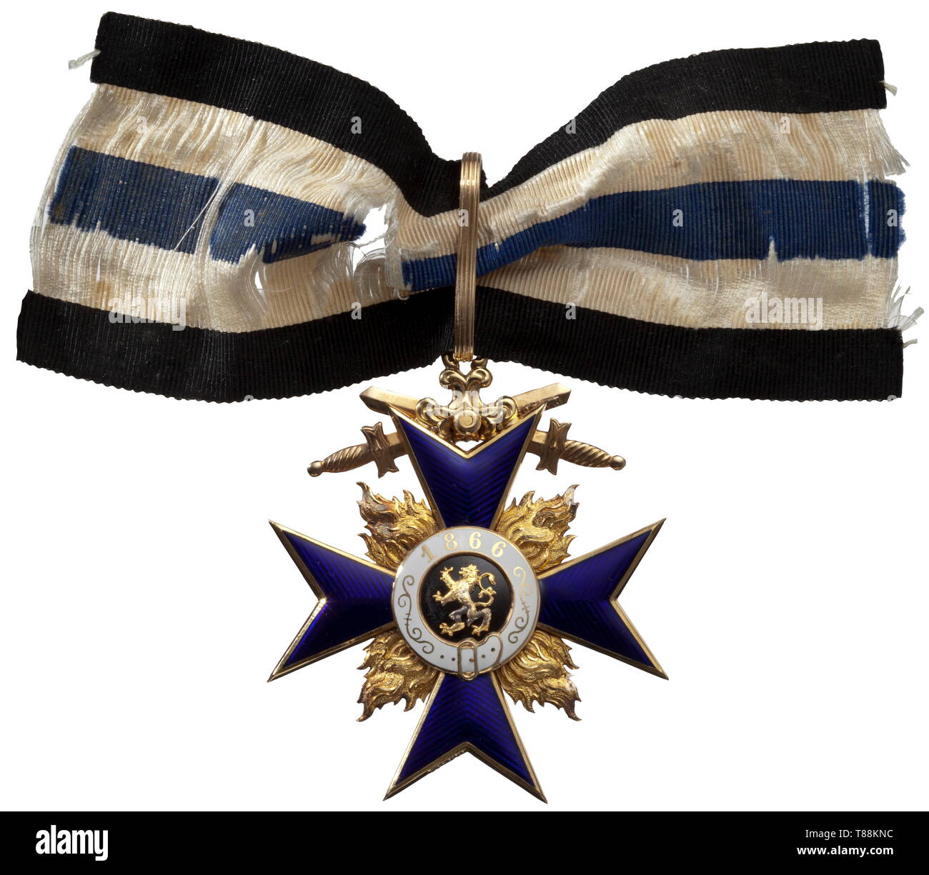 A Military Merit Order 2nd Class with Swords Cross of the order in gold from the second production series of the firm Weiss & Co in Munich (second half of the year 1916). The cross is made of 18-carat gold and is marked '750 W.C.' in the lower cross arm. The '585' on the suspension ring and '585 W.C.' on the swords indicate the lesser purity was employed for reasons of stability. Over an uncertain period of time, the Weiss firm supplied 50 examples to the office of the High Chancellor, which are counted among the finest and most beautiful technic, Additional-Rights-Clearance-Info-Not-Available Stock Photo