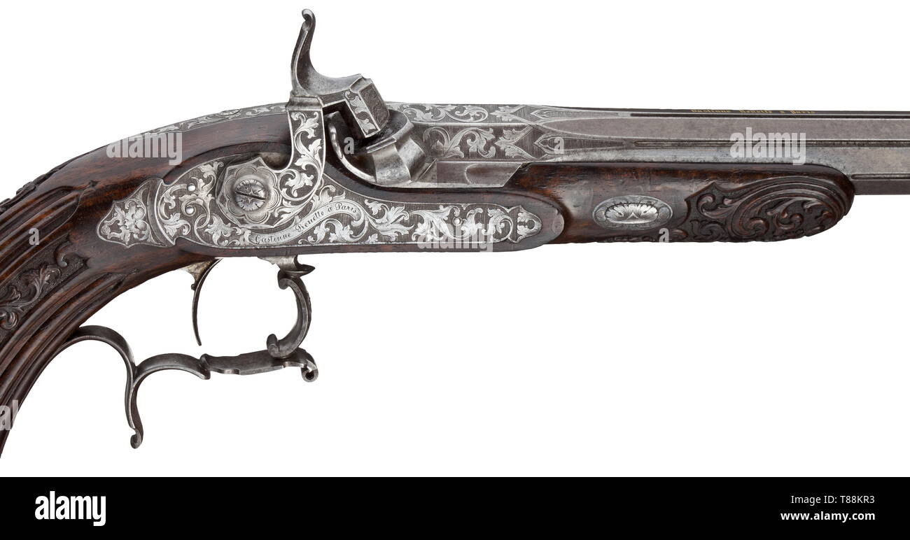 A cased pair of percussion pistols, Gastinne-Renette, Paris, dated 1845 Octagonal barrels with twelve-groove rifled bores in 12.5 mm calibre with patent breechblocks, engraved with leaves decorations at the muzzle and at the breech, in the middle offset flutes. The surfaces of the barrels each signed in gold 'Gastinne Renette a Paris'. The undersides of the barrels with marks of Albert Renette, year of manufacture '1845' as well as weapon number '400'. The percussion locks with engraved decorative leaves against a tarnished background, with repea, Additional-Rights-Clearance-Info-Not-Available Stock Photo
