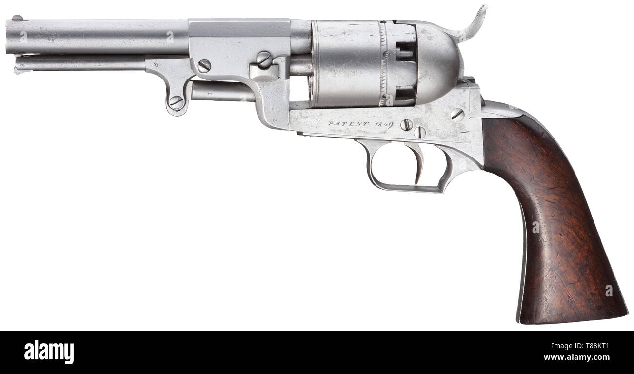 A Colt-Ganahl M 49 officer's revolver, navy Cal. 9 mm perc, no. 899, operational parts with factory no. 4. Bright 10-groove rifled bore, length 138 mm. Six shots. Single action. On left side of frame marked 'PATENT 1849', on the right two-line signature 'K:K:PRIV:MASCH:FABR: / INNSBRUCK.' All parts bright, few very fine pits in places. Dark, smooth walnut grip panels. Rare. Erwerbsscheinpflichtig. historic, historical, Austrian, 19th century, Additional-Rights-Clearance-Info-Not-Available Stock Photo