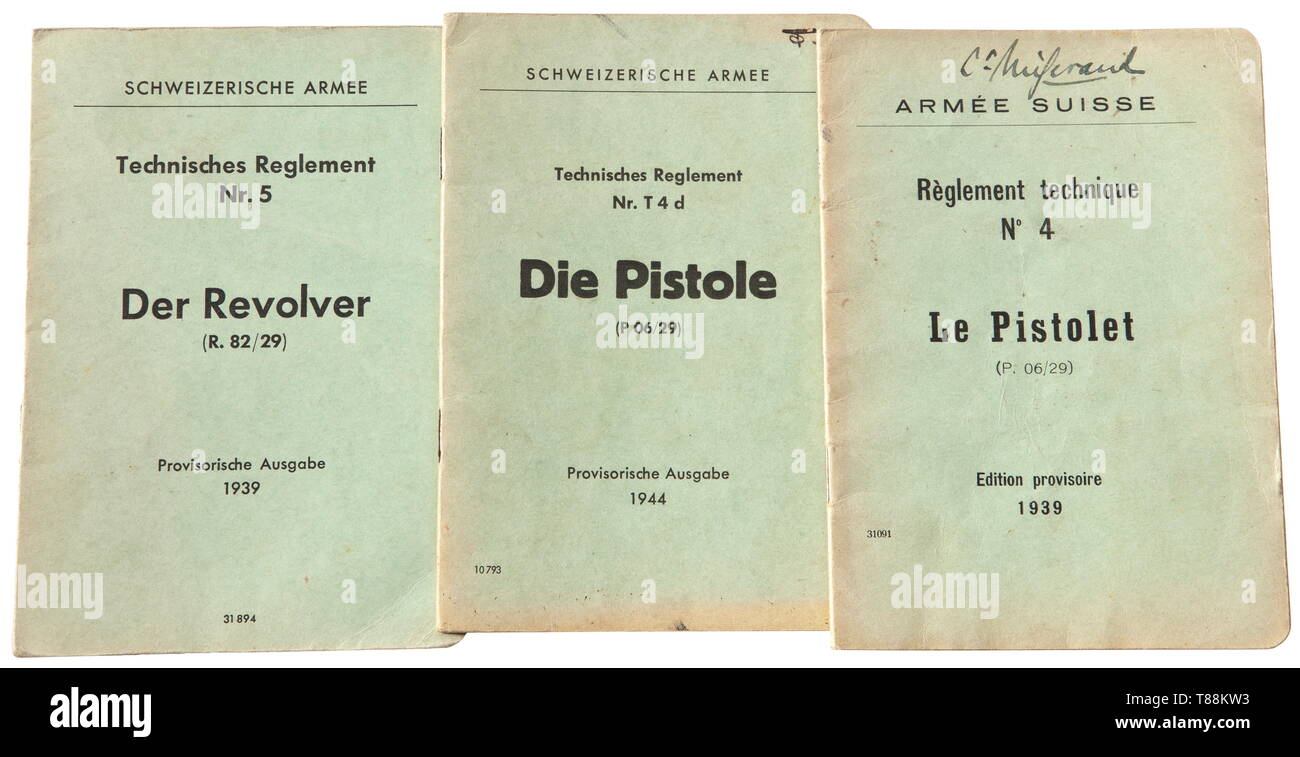 Small arms, Swiss Army technical regulations for revolver R 82/29, provisional German issue 1939, for pistol P 06/29, provisional German issue 1944, for pistol P 06/26, provional French issue 1939, Editorial-Use-Only Stock Photo