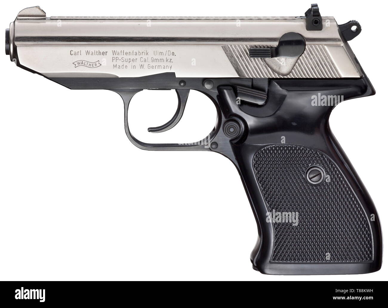 A Walther PP Super, special model in cal. 9 mm short No. 100355. Matching numbers. Bright bore. Proof-marked 1978. Standard inscription. Slide highly polished, nickel-plated. Grip frame blued. Black plastic grip panels. Magazine. Brand-new, unique model for collectors. The PP Super number range in special calibre 9 mm short ran from 100 001 - 101 300. Total manufacture: merely 1300 weapons. Of those Interarms imported 1000 weapons for the US market. The remaining 300 were sold on the European market. Erwerbsscheinpflichtig. historic, historical, , Additional-Rights-Clearance-Info-Not-Available Stock Photo