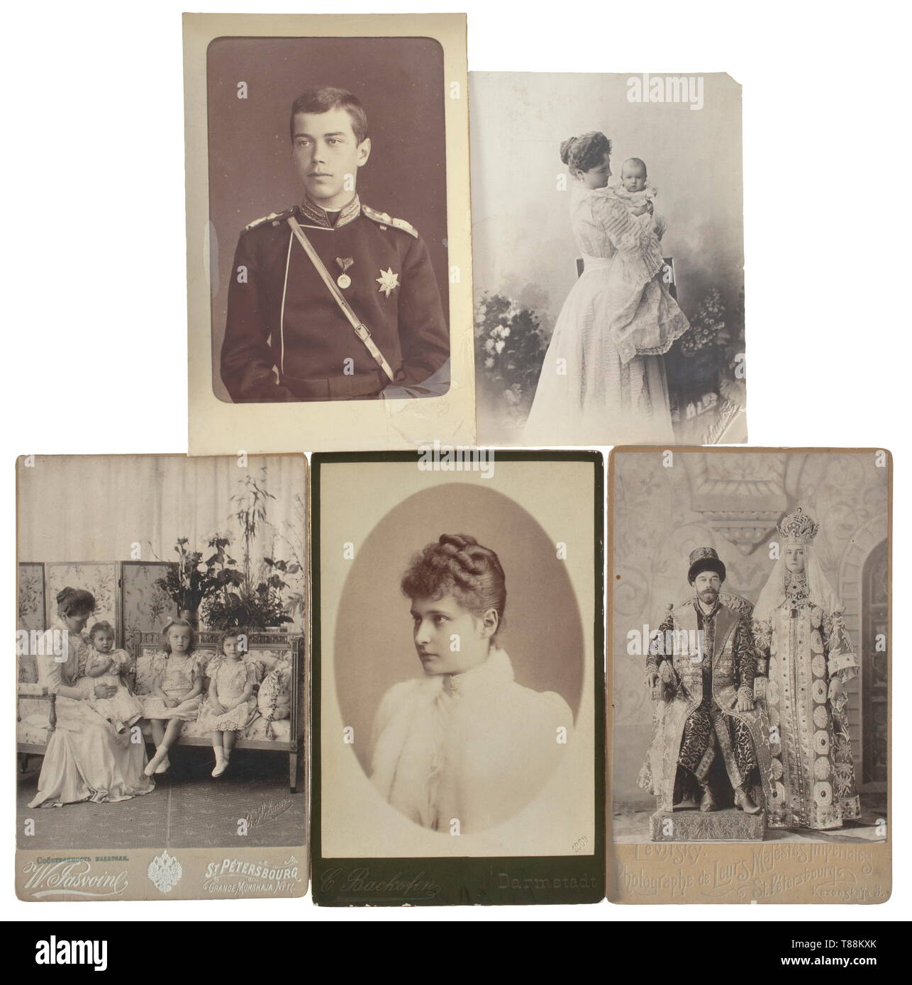 Five Russian gift photos of Tsar Nicholas II and Tsarina Alexandra with children Circa 1885 - 1900. Photo of the future Tsar. Embossed signature of the court photographer 'Levitsky' at the right edge (coating partially peeled away), photo of the imperial couple at the coronation with the photographer's name 'Levitsky, St. Petersbourg', stamped at back. Photo of Tsarina Alexandra and children with photographer's name 'W. Jasvoine, St. Petersbourg', photo of the Tsarina with the photographer's name 'C. Backofen Darmstadt'. Size circa 17 x 10.5 cm. , Additional-Rights-Clearance-Info-Not-Available Stock Photo