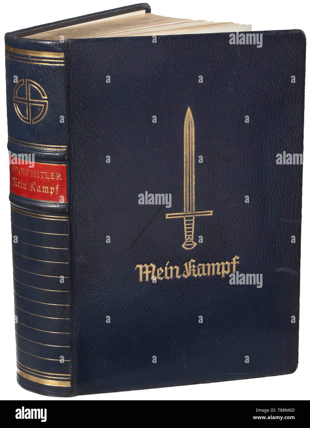 An Edition 'Mein Kampf' with dedication by Otto Ernst Remer to the Oak Leaves winner Rudolf Schlee who was considerably involved in the suppression of the plot of 20 July 1944 against Adolf Hitler. Anniversary edition 1939, published by Zentralverlag der NSDAP, Munich. Slightly foxed, the pages with gilt edging, cover of blue artificial leather. On the endpaper handwritten ink dedication by Otto Remer, battalion commander of the regiment 'Grossdeutschland' to Schlee who was promoted to captain. The wording (tr.): 'The Führer has given 20th century, Editorial-Use-Only Stock Photo