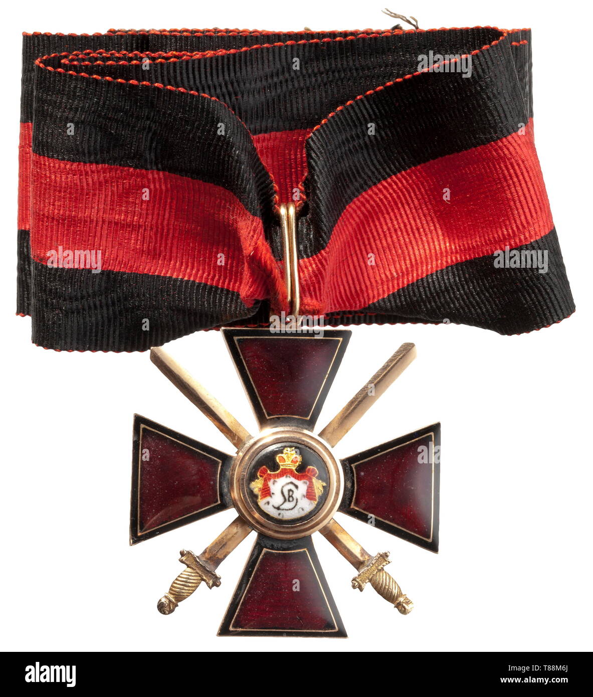 A Russian Order of St. Vladimir, 3rd Class Cross with Swords Circa 1880. Gold, the cross arms in dark red enamel. The eyelet with St. Petersburg fineness mark for 56 zolotniki and an illegible maker's mark in Cyrillic 'F..'. Dimensions 46 x 43 mm, weight 14 g. Two cross arms with minimal chips. With original ribbon, length 31 cm. historic, historical, medal, decoration, medals, decorations, badge of honour, badge of honor, badges of honour, badges of honor, 19th century, Additional-Rights-Clearance-Info-Not-Available Stock Photo
