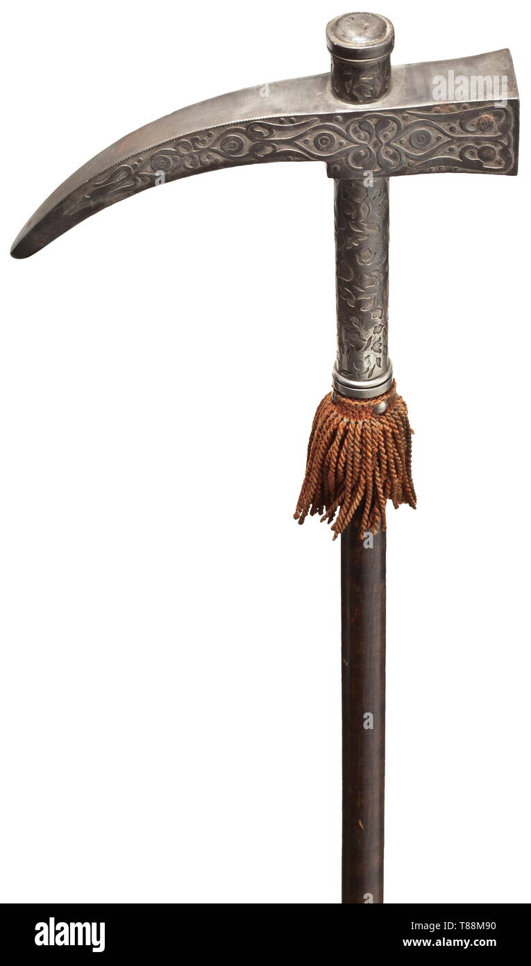 An Ottoman war hammer (Nadziak), in the style of the 17th century Hollow iron hammer head with lavish ornamental applications made from silver on both sides. Wooden shaft, the silver shaft sleeve with embossed and engraved tendril decorations. Length 94.5 cm. High-quality replica of an Ottoman war hammer in the style of the 17th century. The present exemplar was manufactured in 1883 on the occasion of the 200th anniversary of the Siege of Vienna for an exhibition in Warsaw. historic, historical, Ottoman, Orient, Oriental, Asia, Asian, Additional-Rights-Clearance-Info-Not-Available Stock Photo