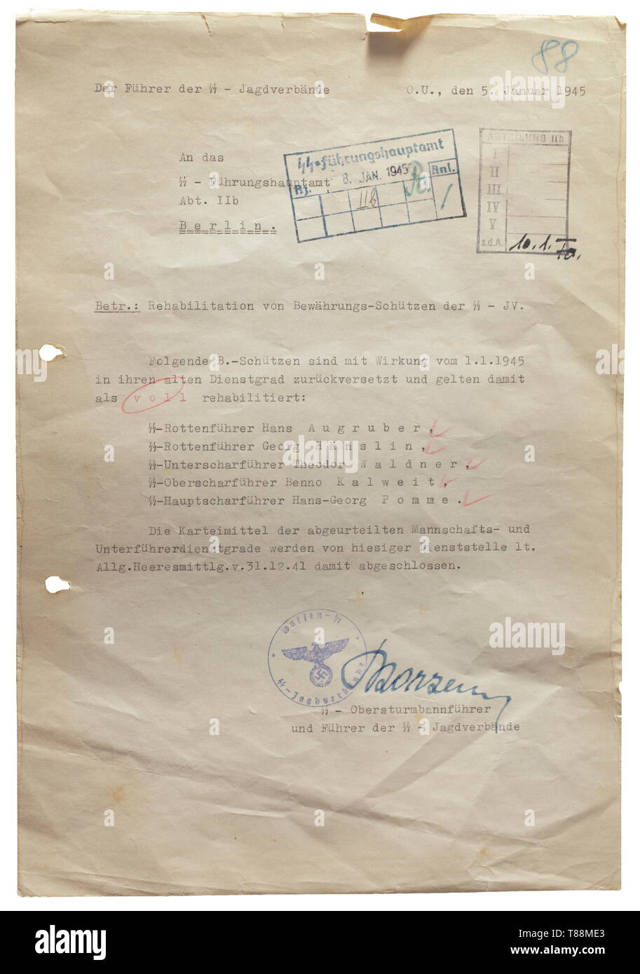 Otto Skorzeny A letter to the SS Leadership Main Office regarding rehabilitation of guarded parolees of the SS Jagdverbände dated '5. Januar 1945'. Handwritten signature 'Skorzeny' in ink above 'SS-Obersturmbannführer und Führer der SS- Jagdverbände'. Stamped, holed, edge tears, kinks, signs of age. A rare autograph. historic, historical, 20th century, 1930s, 1940s, Waffen-SS, armed division of the SS, armed service, armed services, NS, National Socialism, Nazism, Third Reich, German Reich, Germany, military, militaria, utensil, piece of equipment, utensils, object, objects, Editorial-Use-Only Stock Photo