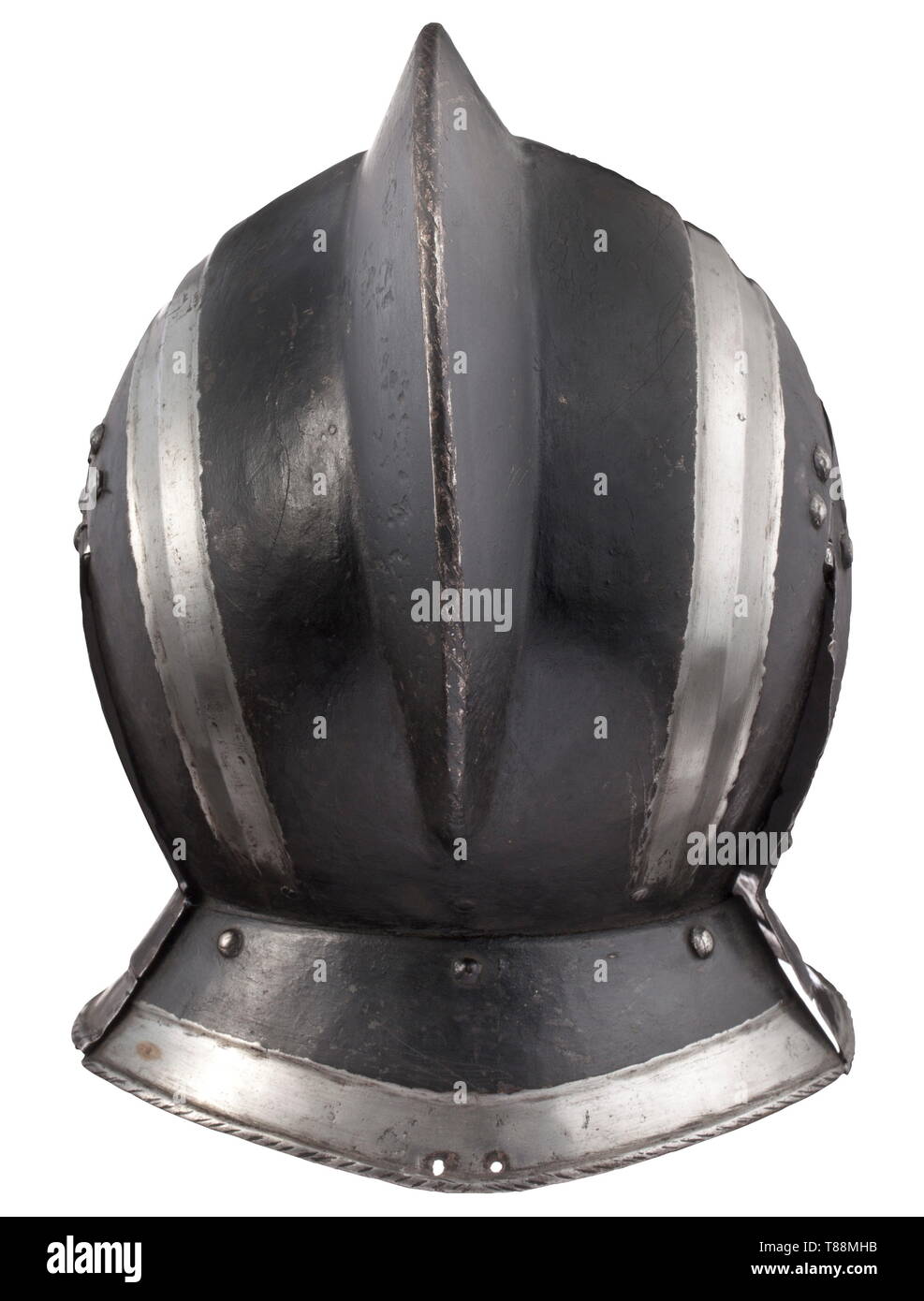 A Nuremberg burgonet from a black-and-white munition armour circa 1580 - 1600. With one-piece skull rising to an incised roped comb, embossed with a pair of wide shallow angular flutes over each side, drawn-out to a short up-turned peak, struck with Nuremberg mark, fitted with neck-guard of one lame, a pair of hinged cheek-pieces, recessed borders, and turned roped edges. Height 27.8 cm. Weight 1450 g. historic, historical, weapons, arms, weapon, arm, baronial, military, militaria, rapier, rapiers, sword, swords, melee weapon, melee weapons, thru, Additional-Rights-Clearance-Info-Not-Available Stock Photo