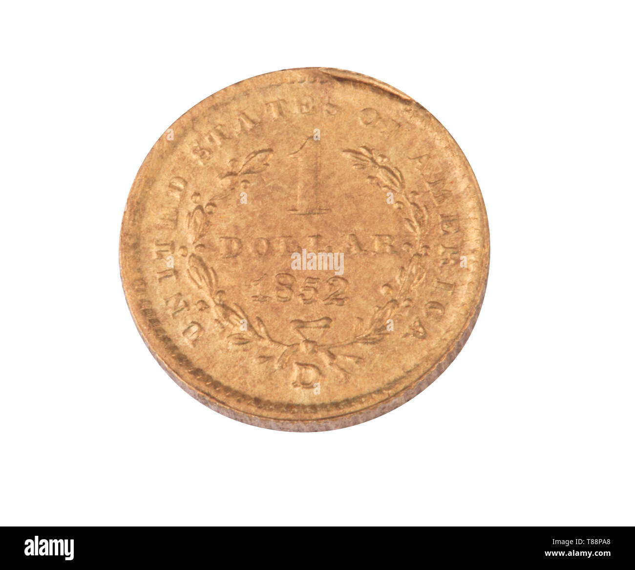 one gold 1852 dollar coin isolated on white background Stock Photo - Alamy