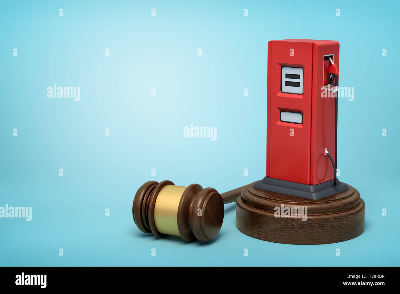 3d rendering of red filling station on round wooden block and brown wooden gavel on blue background Stock Photo