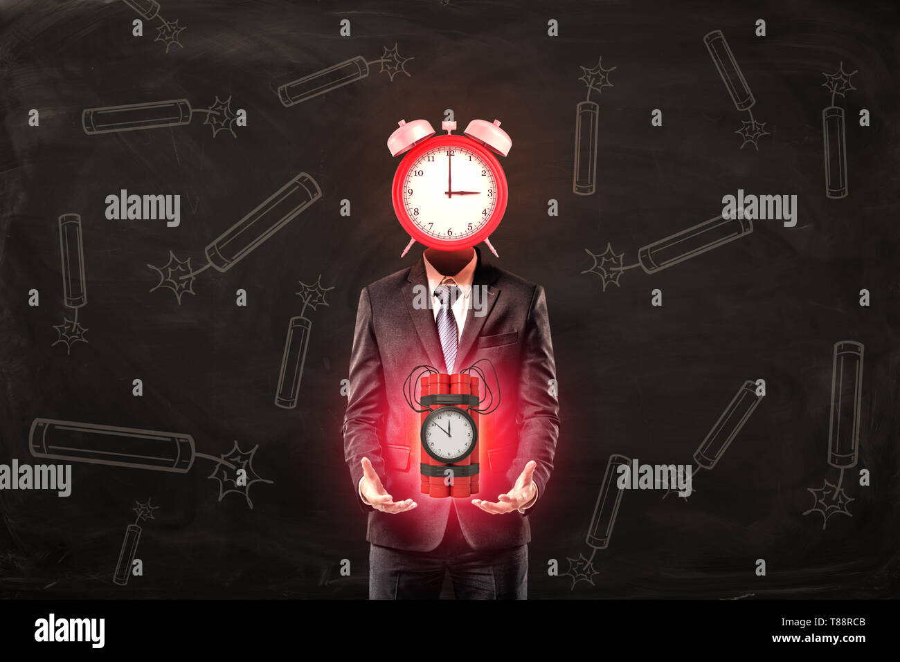 Businessman With Red Alarm Clock Instead Of Head Holding Big Red