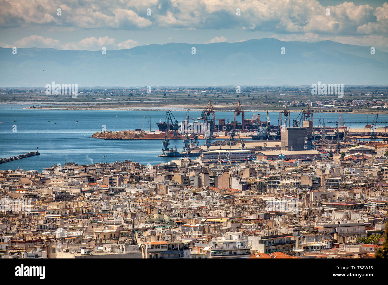 Rare Aerial Panoramic View of Thessaloniki city,  the Port, Summer time Stock Photo