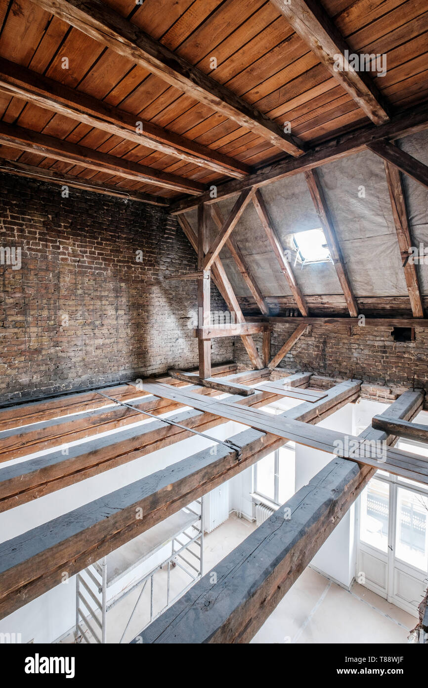 empty attic / loft during dry rot renovation, old roof Stock Photo