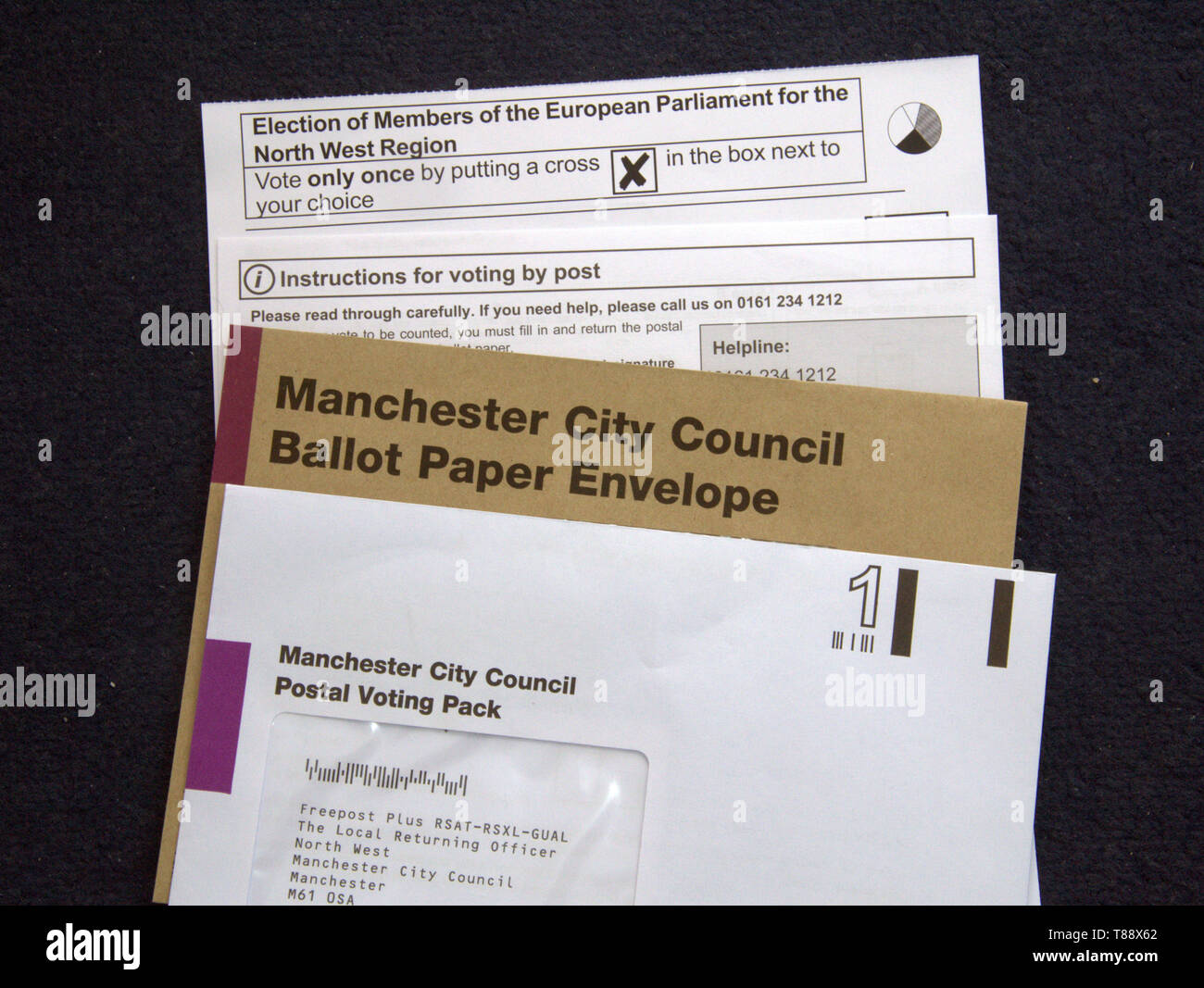 Postal voting pack sent to a voter by Manchester City Council in the United Kingdom for the European Elections on 23rd May 2019 Stock Photo