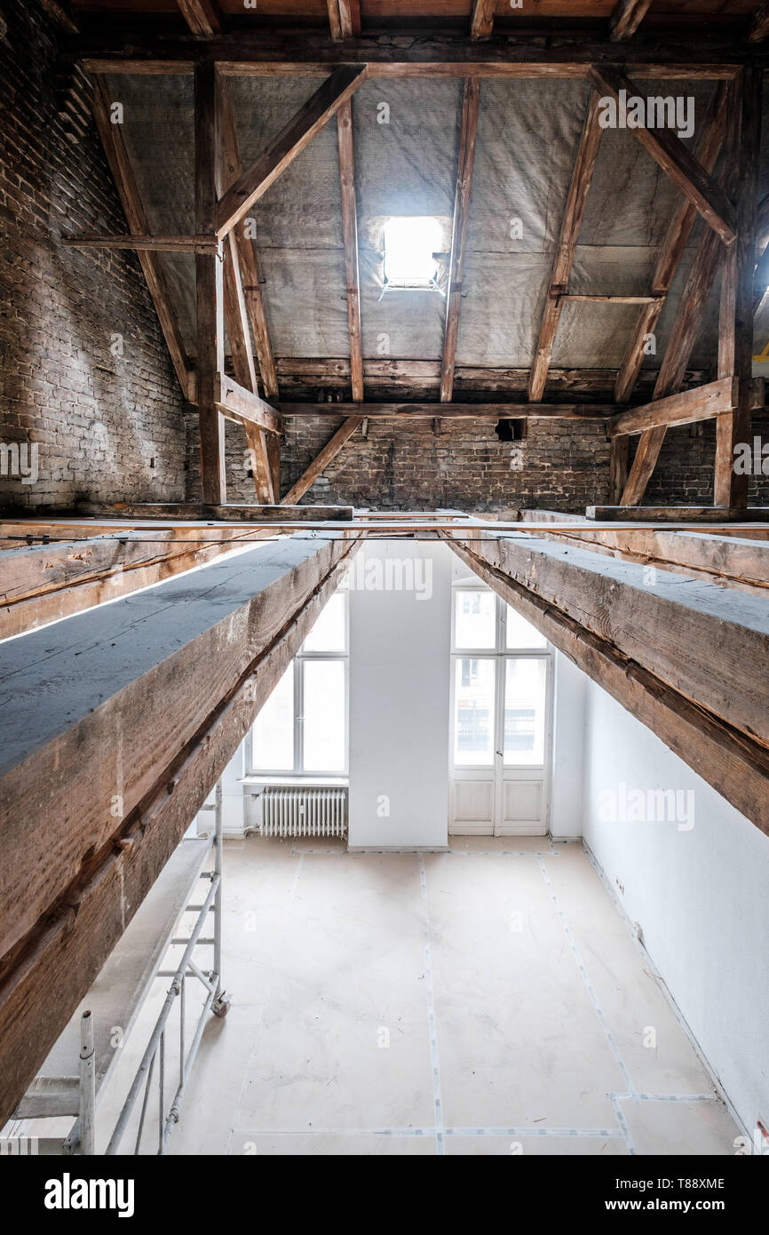 empty attic / loft during dry rot renovation, old roof Stock Photo