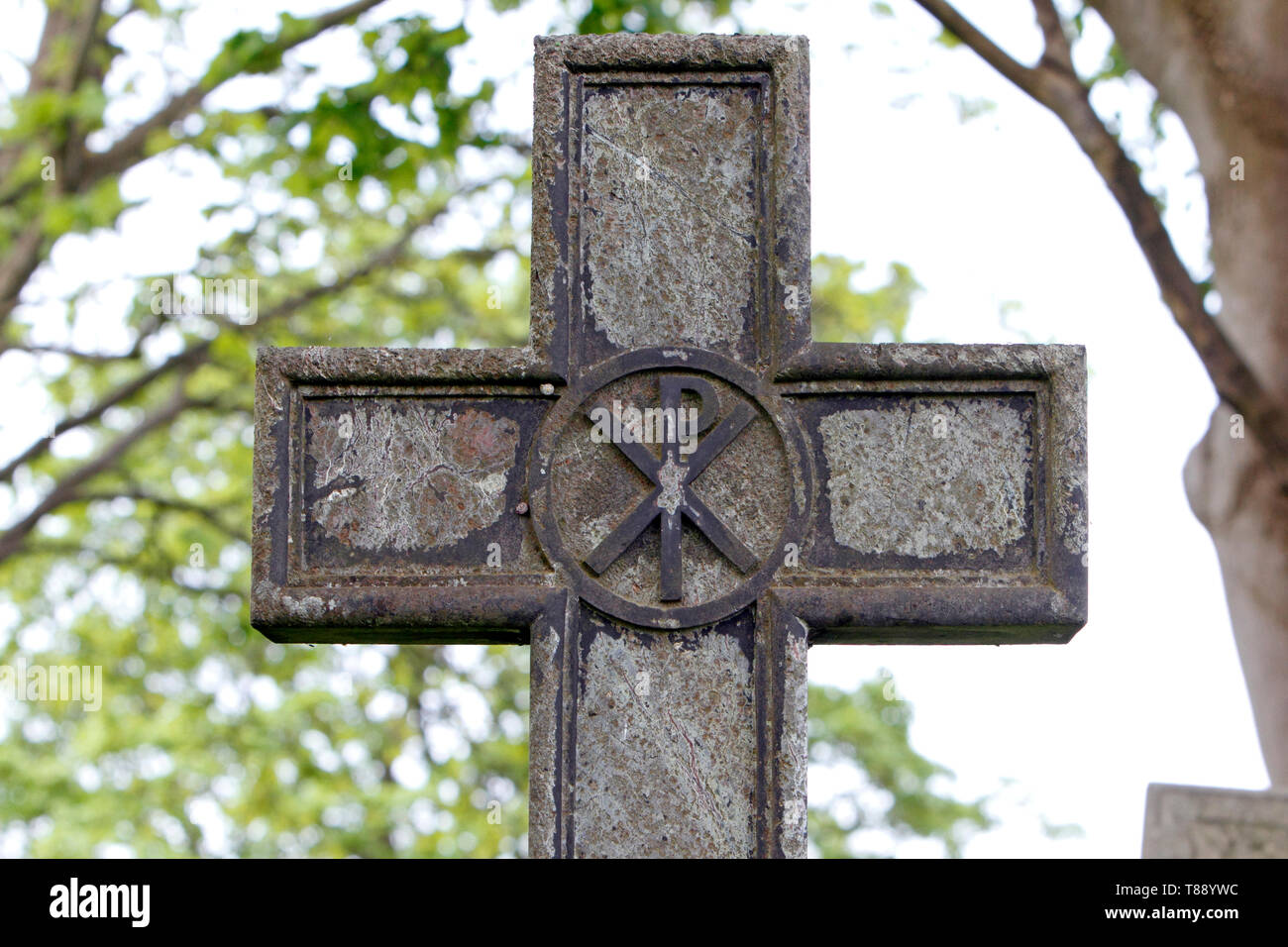 tau-rho P with a cross Greek symbolism Jesus Christ.Cross on a tomb. In memory of.... Stock Photo