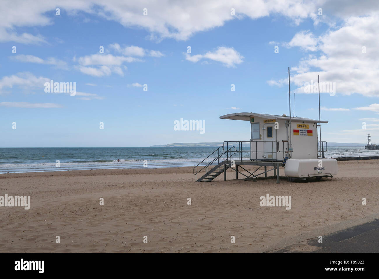 Weymouth, United Kingdom - June 25, 2017; Lifeguard house on a an empty beach of Weymouth a well known seaside resort in the south of England on a sun Stock Photo