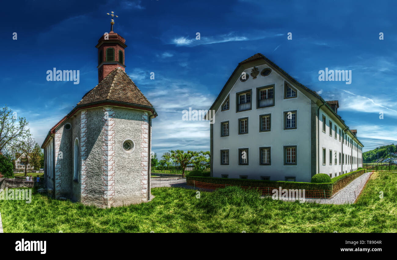 Church and abbey in the village of Pfäffikon, Lake Zürich in Canton Schwyz Stock Photo