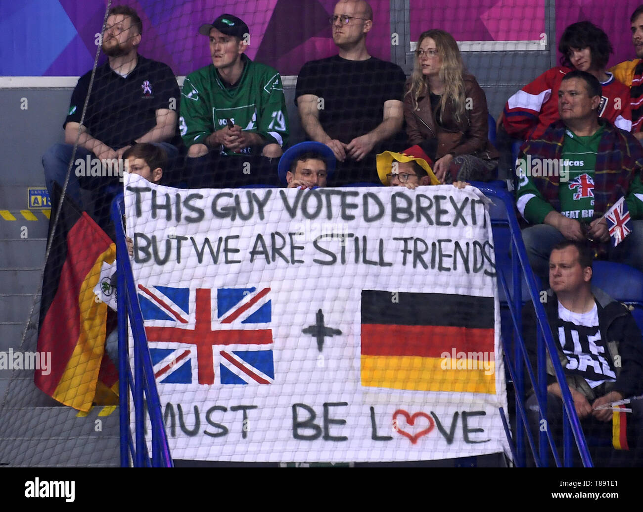 Kosice Slovakia 11th May 2019 Ice Hockey World Championship Germany Great Britain Preliminary Round Group A 1st Matchday In The Steel Arena German And British Fans Hold A Banner With The