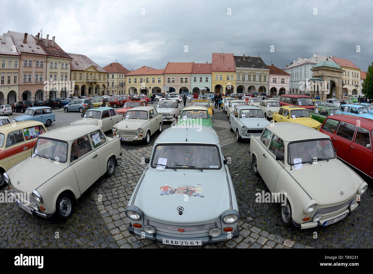 Jicin, Czech Republic. 11th May, 2019. International Meeting of Trabant drivers which is expected to attract more than 220 vehicles of the communist era cars will be meeting in the city Jicin in the Bohemian Paradise. The Trabant is a car that was produced by former East German auto maker VEB Sachsenring Automobilwerke Zwickau in Zwickau. It was the most common vehicle in East Germany, and was also exported to countries both inside and outside the Eastern Bloc. Due to its outdated and inefficient two-stroke engine (which produced poor fuel economy for its low power output and thick, smoky ex C Stock Photo