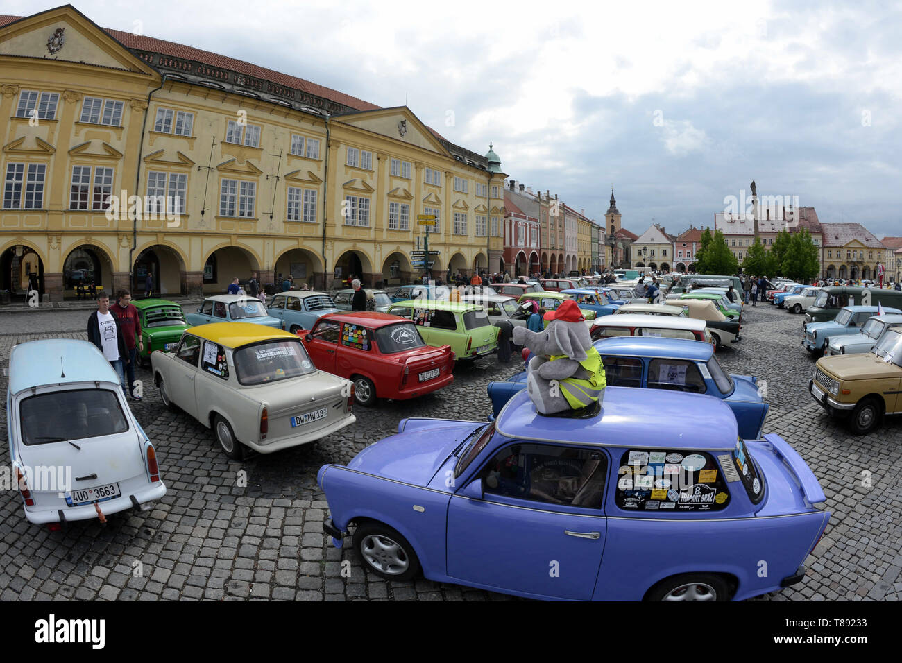 Jicin, Czech Republic. 11th May, 2019. International Meeting of Trabant drivers which is expected to attract more than 220 vehicles of the communist era cars will be meeting in the city Jicin in the Bohemian Paradise. The Trabant is a car that was produced by former East German auto maker VEB Sachsenring Automobilwerke Zwickau in Zwickau. It was the most common vehicle in East Germany, and was also exported to countries both inside and outside the Eastern Bloc. Due to its outdated and inefficient two-stroke engine (which produced poor fuel economy for its low power output and thick, smoky ex C Stock Photo