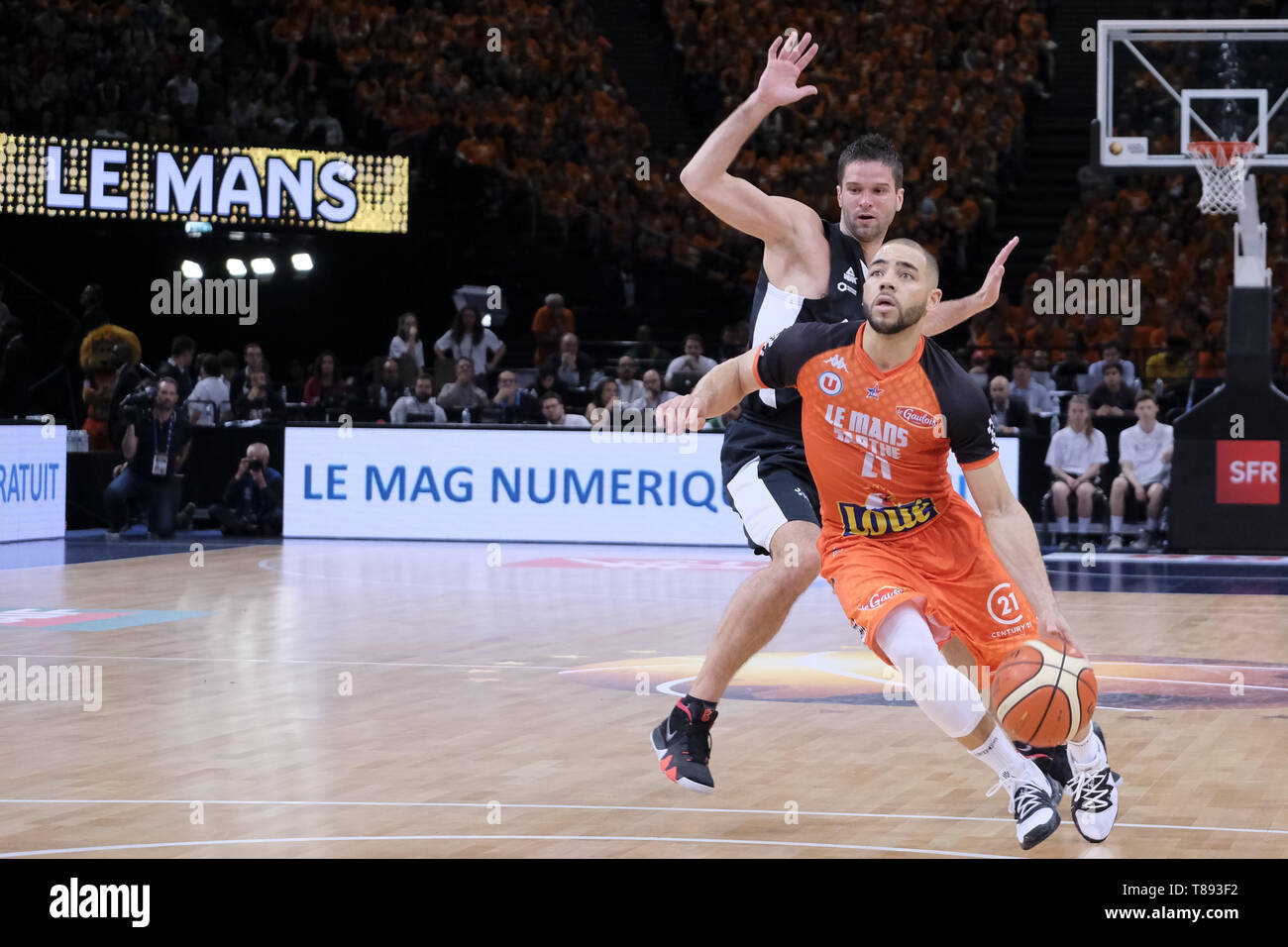 Paris, France. 11th May, 2019. Point Guard of the Le Mans team MICHAEL  THOMPSON in action during the French Cup Basketball Final between ASVEL and  Le Mans at the AccorHotel Arena in