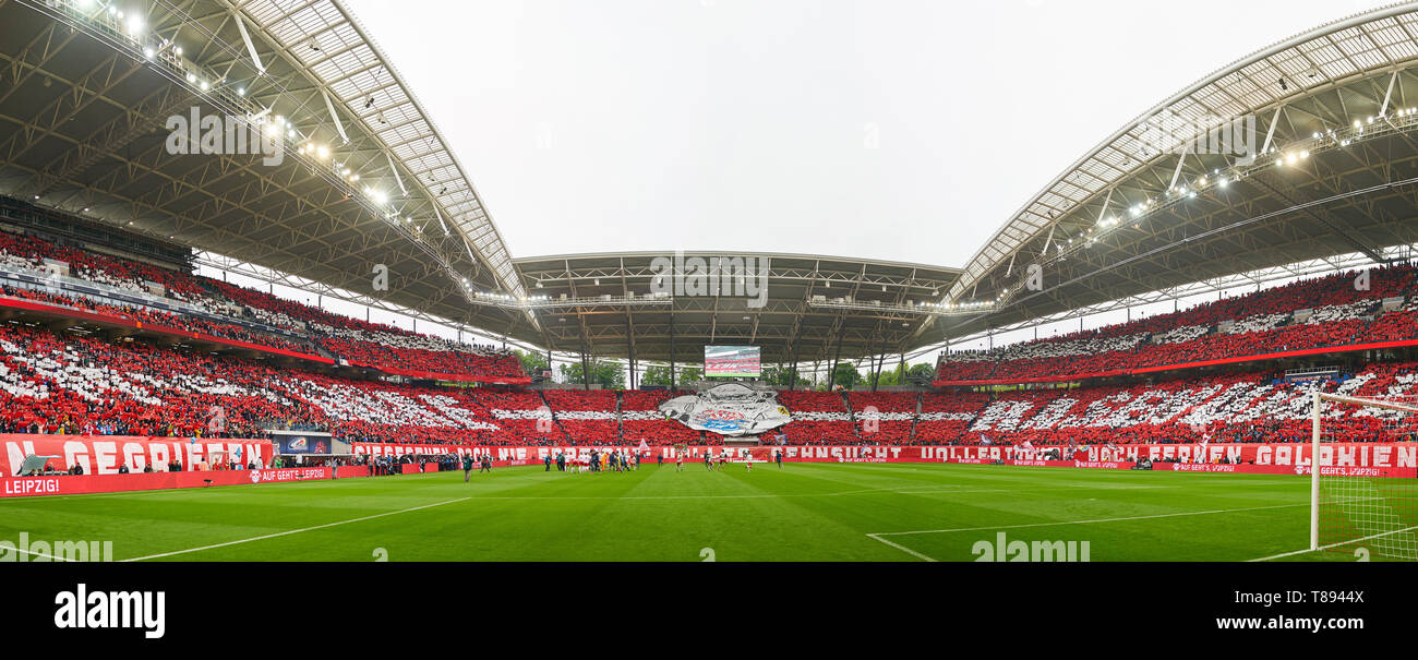 shows red card to Bull Arena, Bullen, Stadium, football stadium, tribunes, spectator tribunes, inside view, architecture lawn, inside, arena, pitch,  RB LEIPZIG - FC BAYERN MUNICH 0-0  - DFL REGULATIONS PROHIBIT ANY USE OF PHOTOGRAPHS as IMAGE SEQUENCES and/or QUASI-VIDEO -  1.German Soccer League , Leipzig, Germany, May 11, 2019  Season 2018/2019, matchday 33, FCB, Red Bull, München © Peter Schatz / Alamy Live News Stock Photo