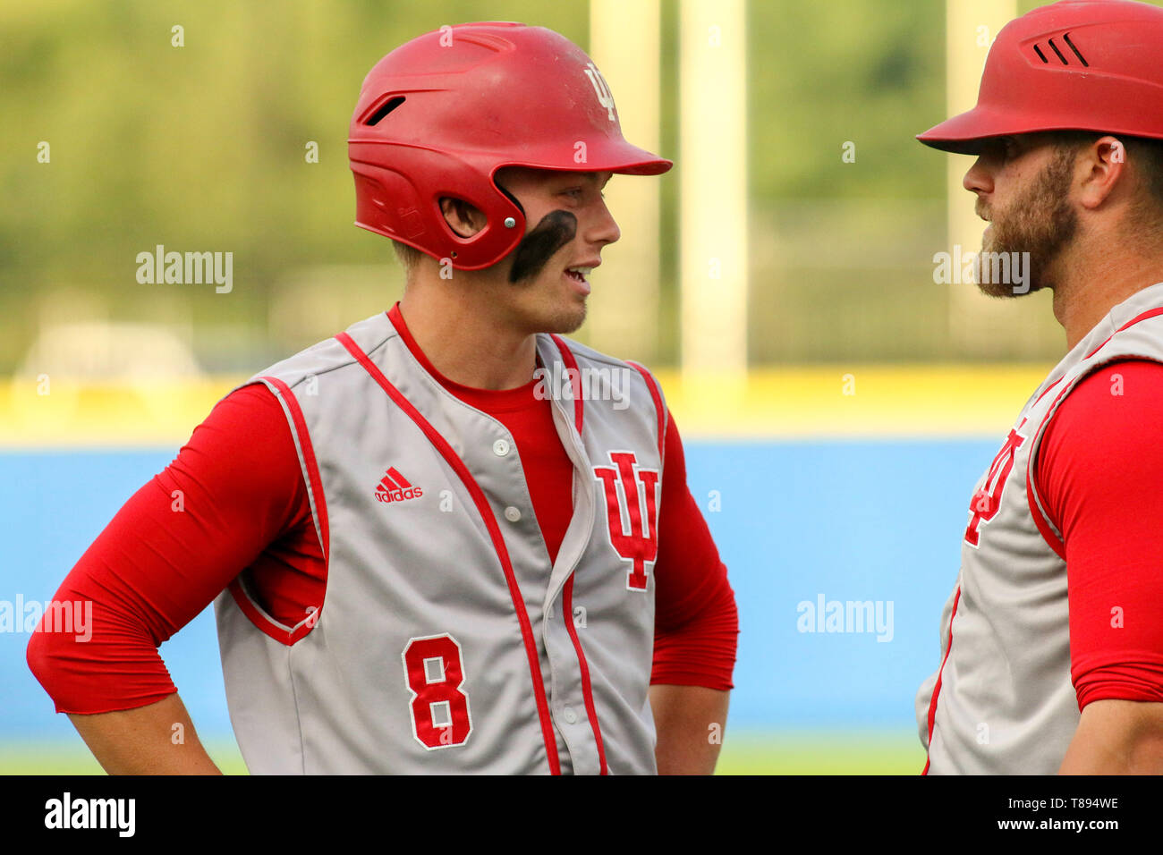 Lexington, KY, USA. 7th May, 2019. Indiana's Drew Ashley (left) talks with assistant coach Casey Dykes (right) during a game between the Kentucky Wildcats and the Indiana Hoosiers at Kentucky Pride Park in Lexington, KY. Kevin Schultz/CSM/Alamy Live News Stock Photo