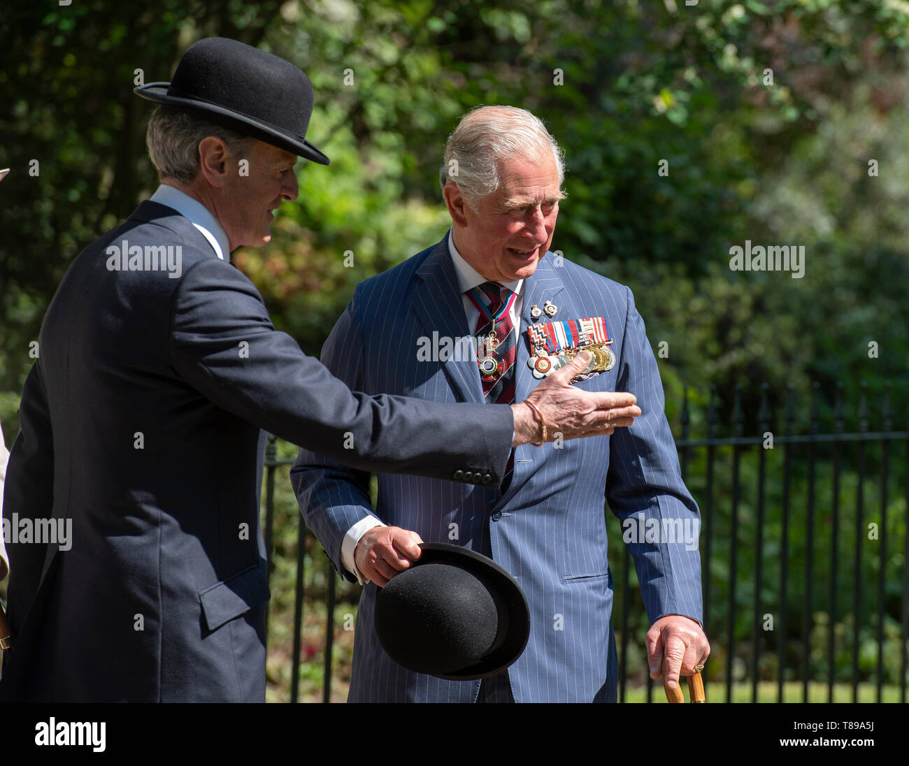 Hyde Park London, UK. 12th May 2019. HRH The Prince of Wales, Field Marshal, Colonel in Chief 1st The Queen’s Dragoon Guards, arrives to take the salute at the Combined Cavalry Old Comrades Association 95th annual parade and service. The parade is commanded by Lieutenant-General Sir Simon Mayall, KCB, CB, Colonel of 1st The Queens Dragoon Guards who are the sponsor regiment of this year’s event. Credit: Malcolm Park/Alamy Live News. Stock Photo