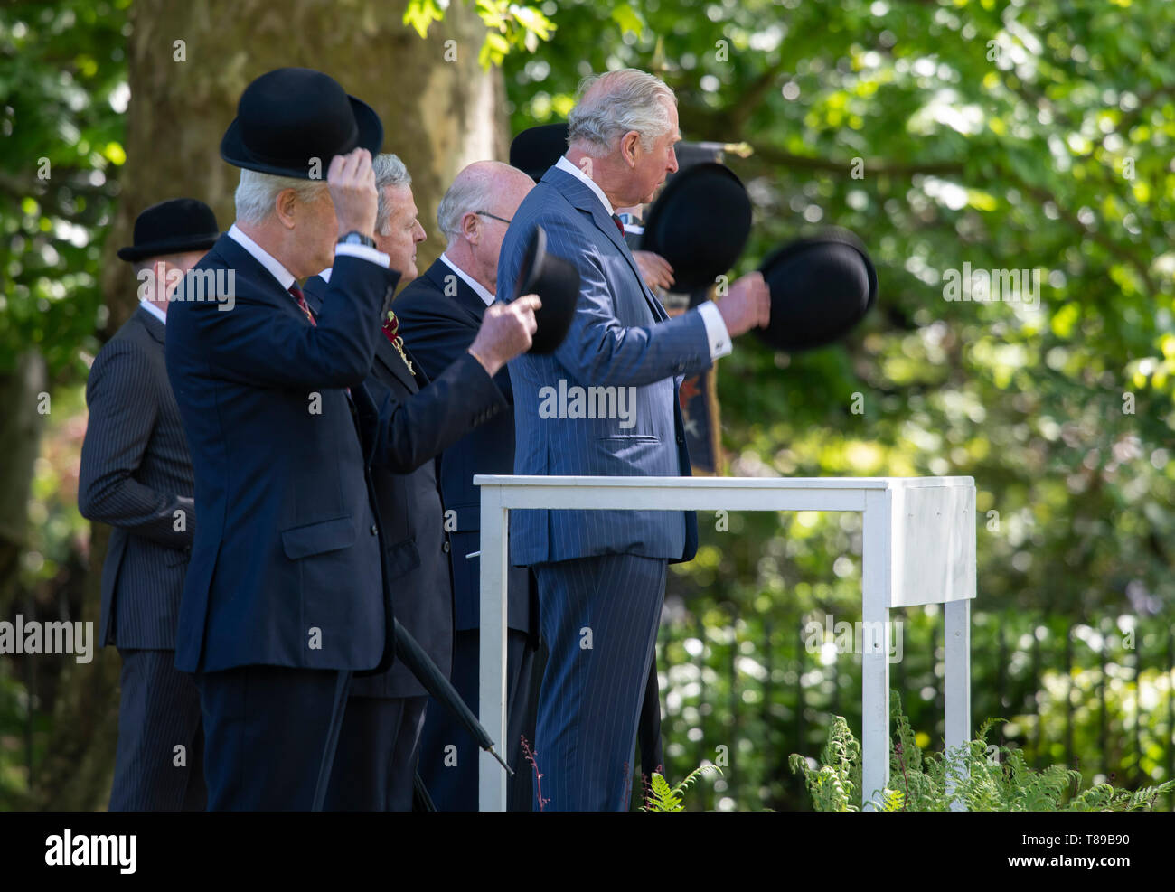 Hyde Park London, UK. 12th May 2019. HRH The Prince of Wales, Field Marshal, Colonel in Chief 1st The Queen’s Dragoon Guards, takes the salute at the Combined Cavalry Old Comrades Association 95th annual parade march-past. Credit: Malcolm Park/Alamy Live News. Stock Photo