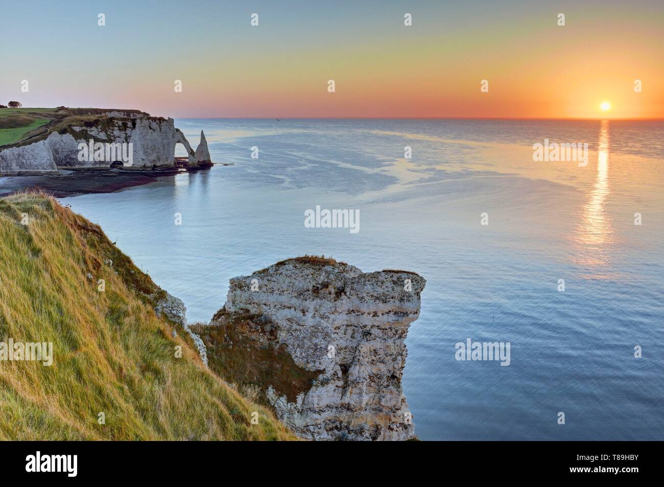 France, Seine Maritime, Etretat, the arch of the Aval cliff and the ...