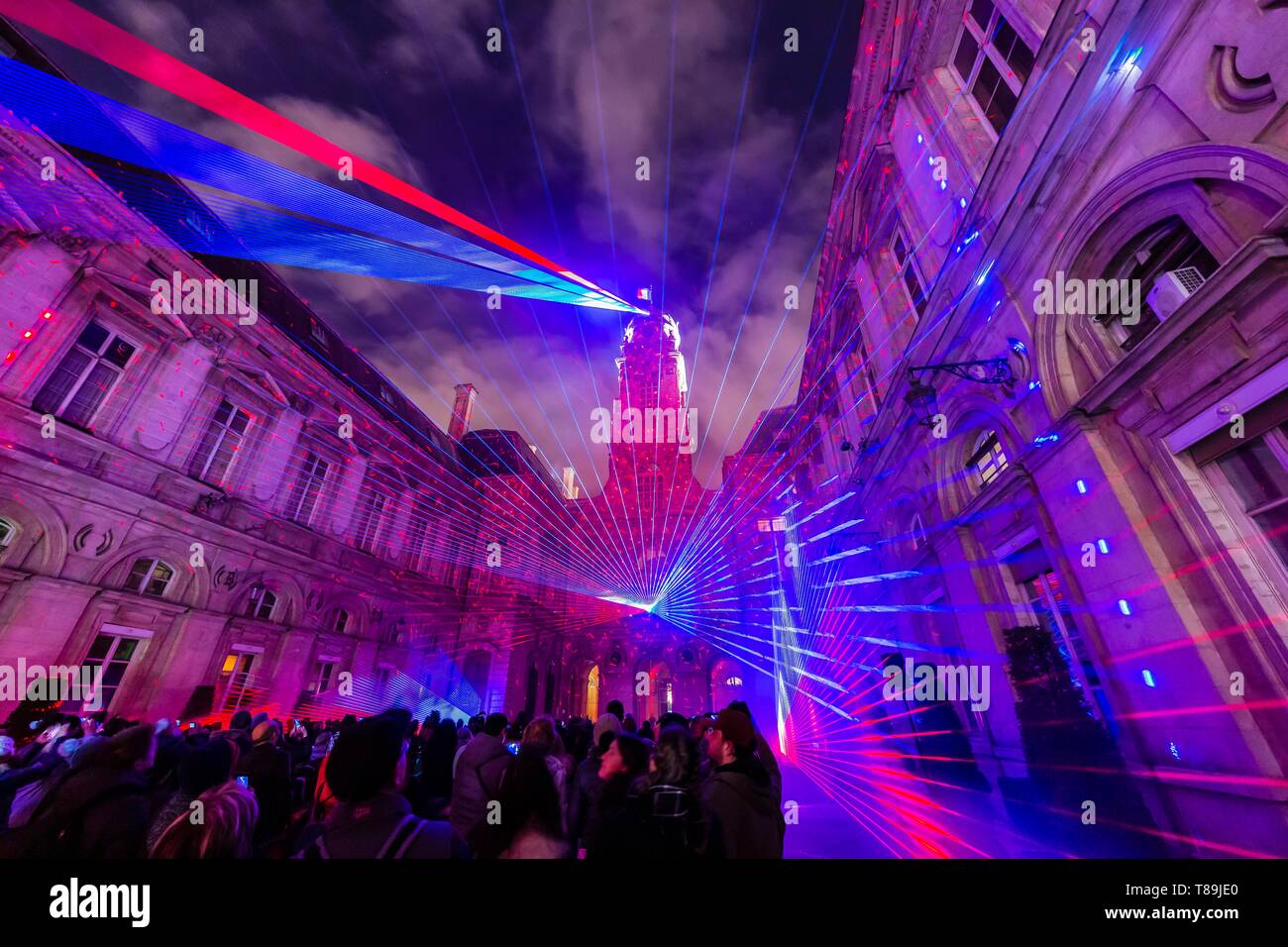 France, Rhone, Lyon, district of Vieux-Lyon, historical site listed as World Heritage by UNESCO, the courtyard of the Town Hall during the Fete des Lumieres (Light Festival), show Tricolor of Ralf Lotting Stock Photo