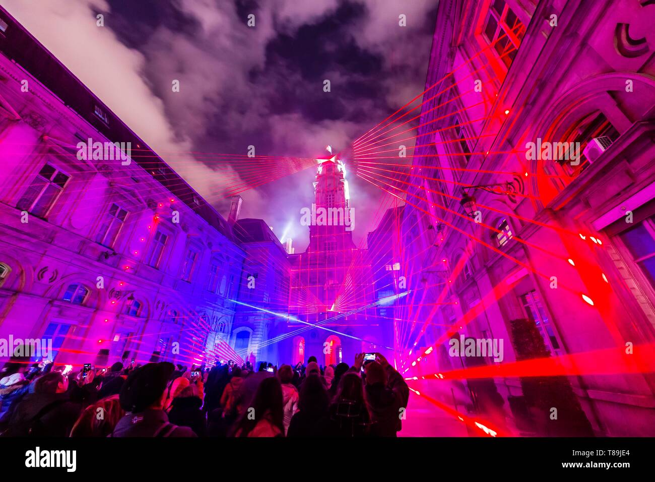 France, Rhone, Lyon, district of Vieux-Lyon, historical site listed as World Heritage by UNESCO, the courtyard of the Town Hall during the Fete des Lumieres (Light Festival), show Tricolor of Ralf Lotting Stock Photo