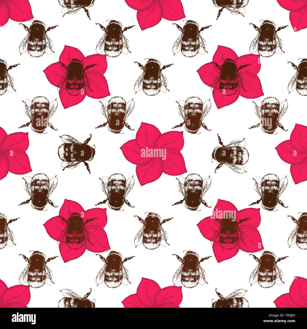 Seamless pattern of hand drawn sketch style bumblebee isolated on white ...