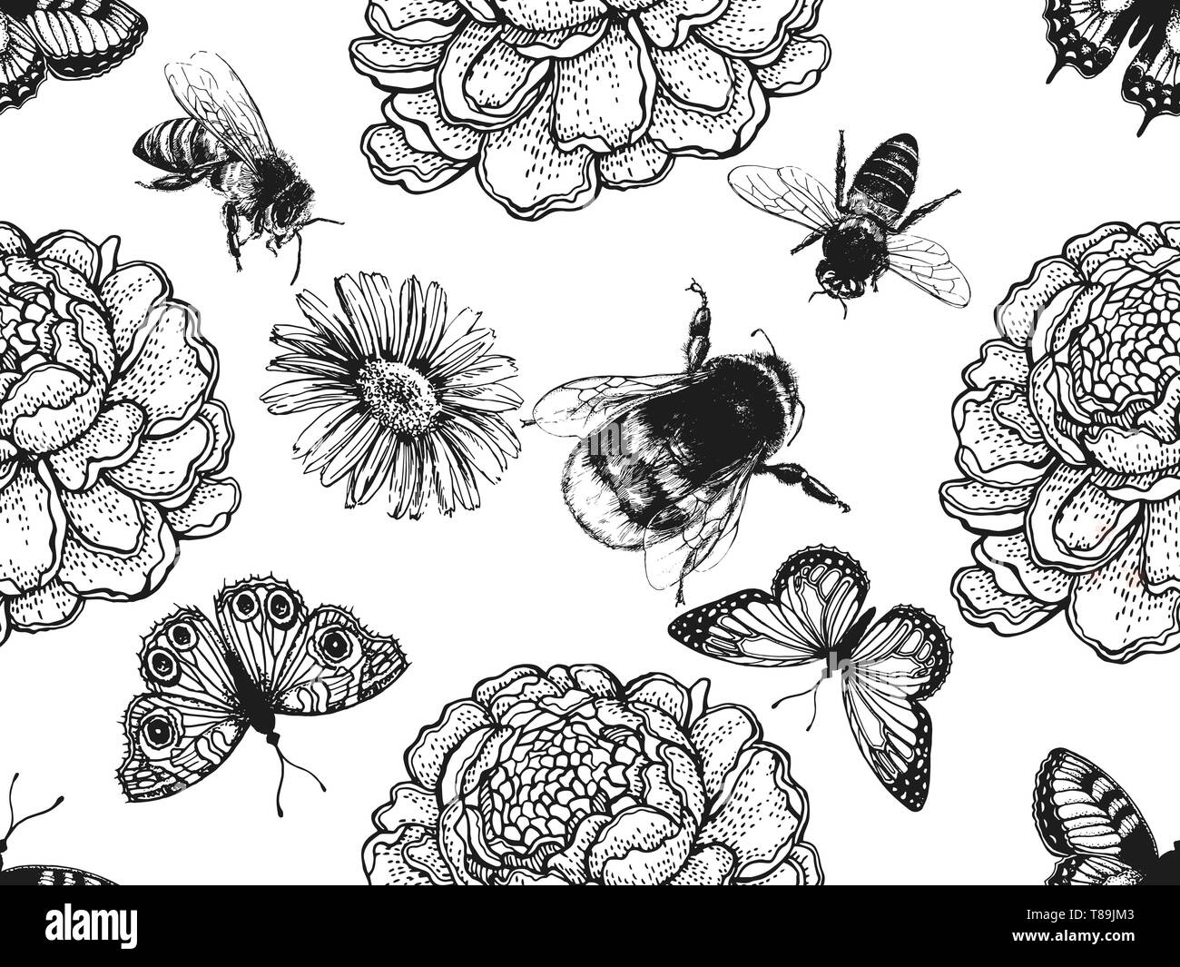 Seamless pattern of hand drawn sketch style insects and flowers isolated on white background. Vector illustration. Stock Vector