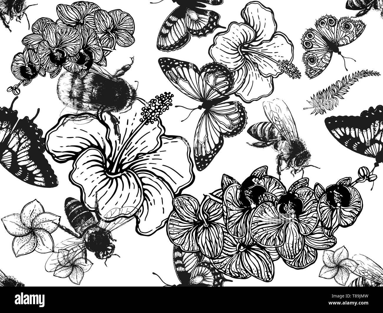 Seamless pattern of hand drawn sketch style insects and tropical flowers isolated on white background. Vector illustration. Stock Vector