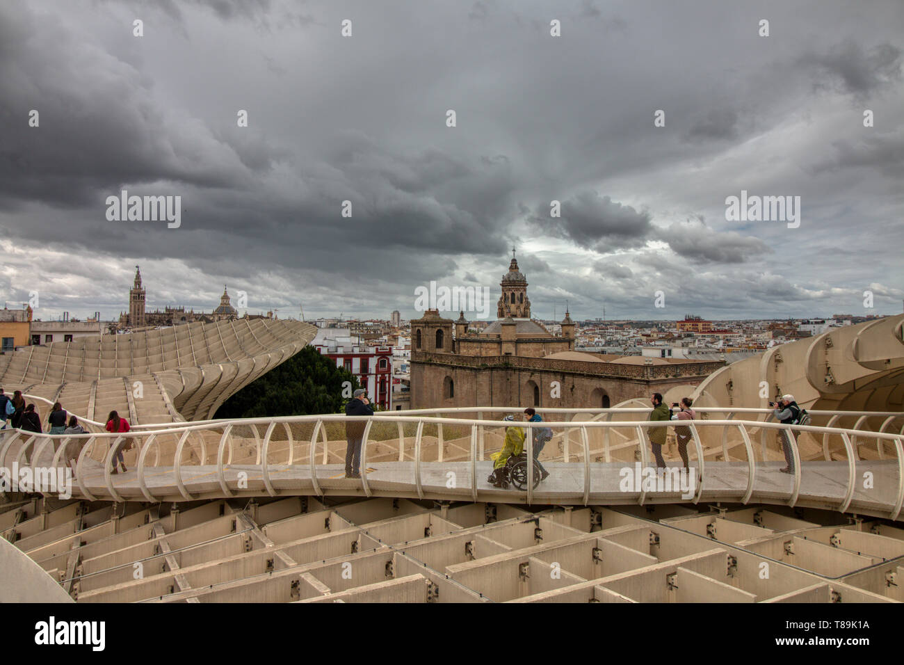 Seville, Spain - April 06, 2019:  View from the top of the Space Metropol Parasol (Setas de Sevilla), a big structure where one have the best view of  Stock Photo