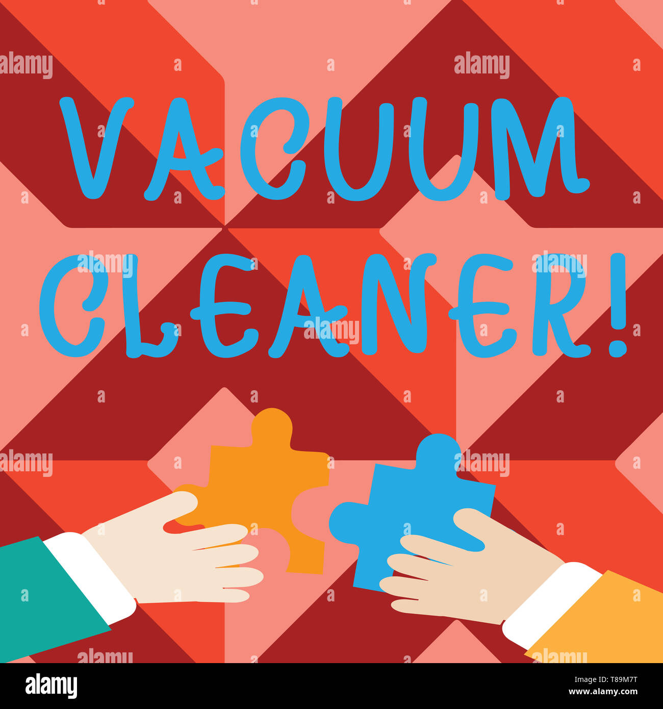 Word writing text Vacuum Cleaner. Business photo showcasing machine that cleans floors and surfaces by sucking up dust Two Hands Holding Colorful Jigs Stock Photo