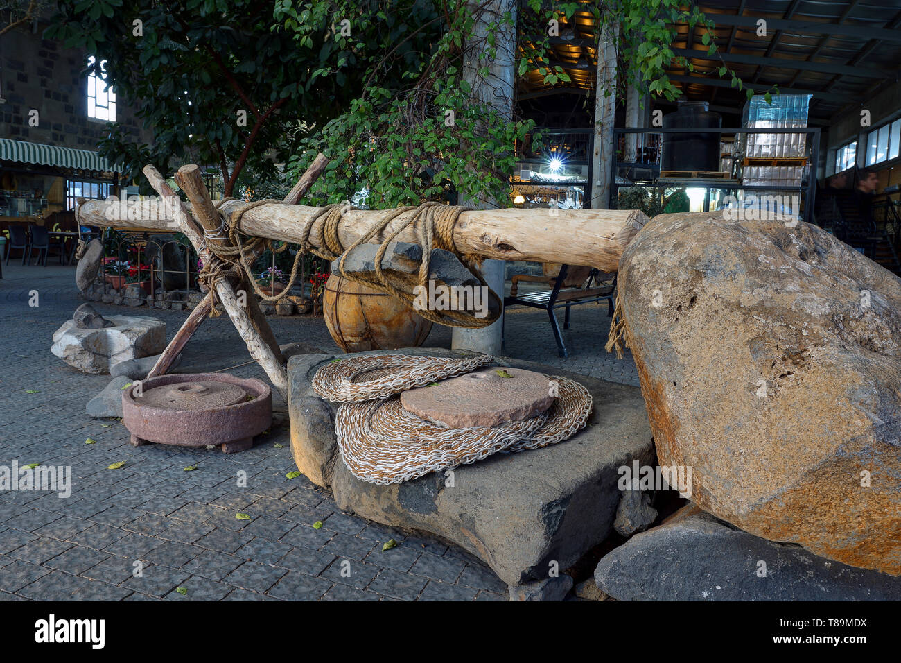 Ancient Olive Press, Olea Essence Store, Golan Heights, Israel Stock Photo