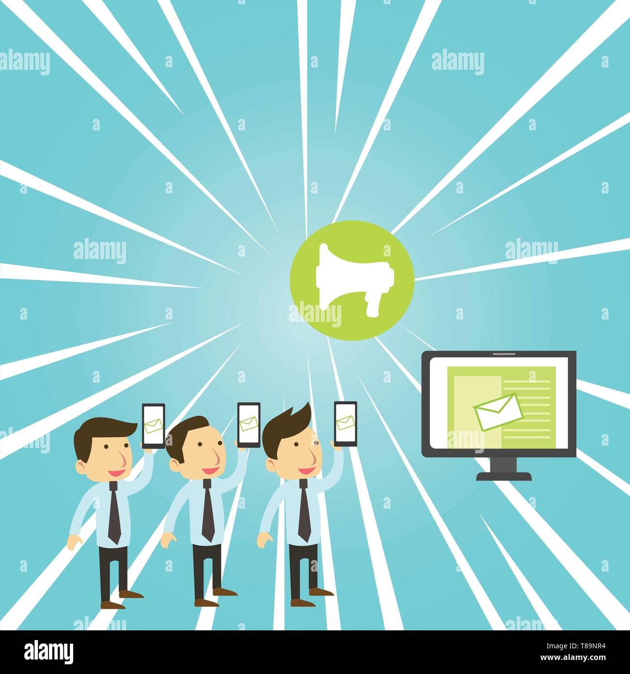 SMS Email Marketing Media Audience Attraction Personal Computer Loudspeaker Design business Empty copy space text for Ad website promotion isolated Ba Stock Vector