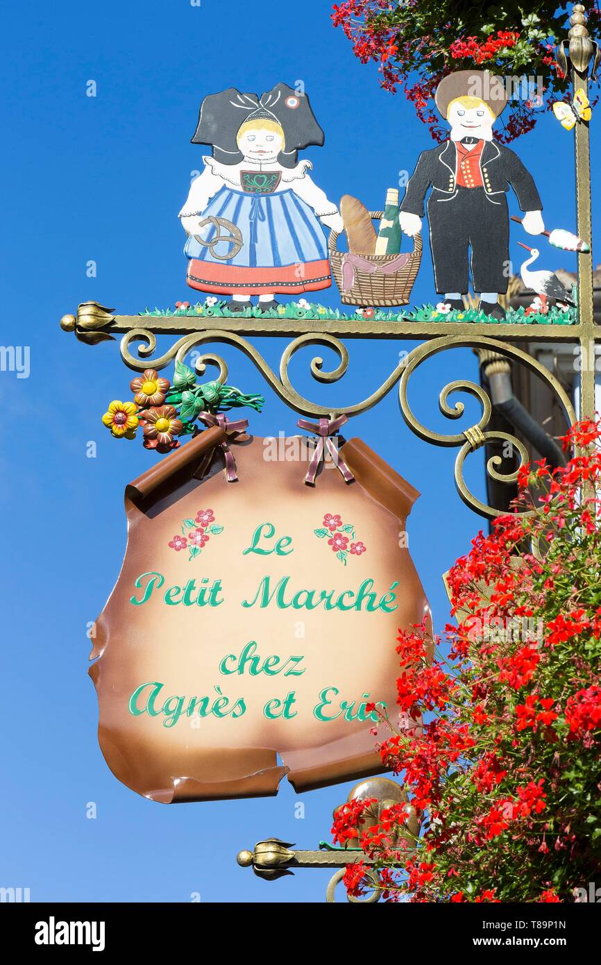 France Haut Rhin Route Des Vins D Alsace Eguisheim Labelled Les Plus Beaux Villages De France One Of The Most Beautiful Villages Of France Shop Sign Stock Photo Alamy