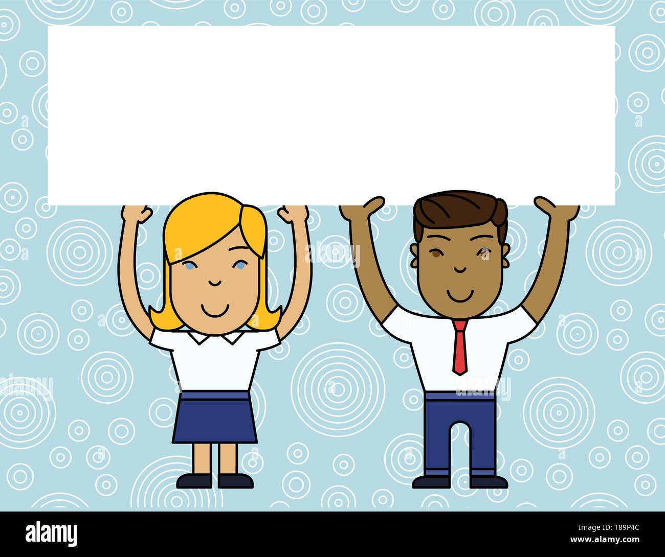 Two Smiling People Holding Big Blank Poster Board Overhead with Both