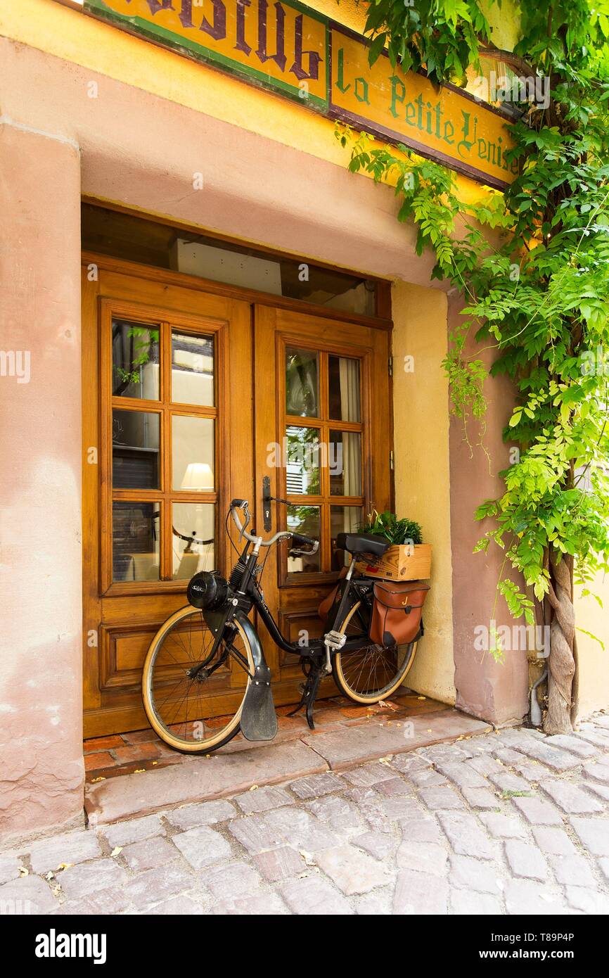 France, Haut Rhin, Route des Vins d'Alsace, Colmar, Velo Solex in front of  a restaurant in La Petite Venise district Stock Photo - Alamy