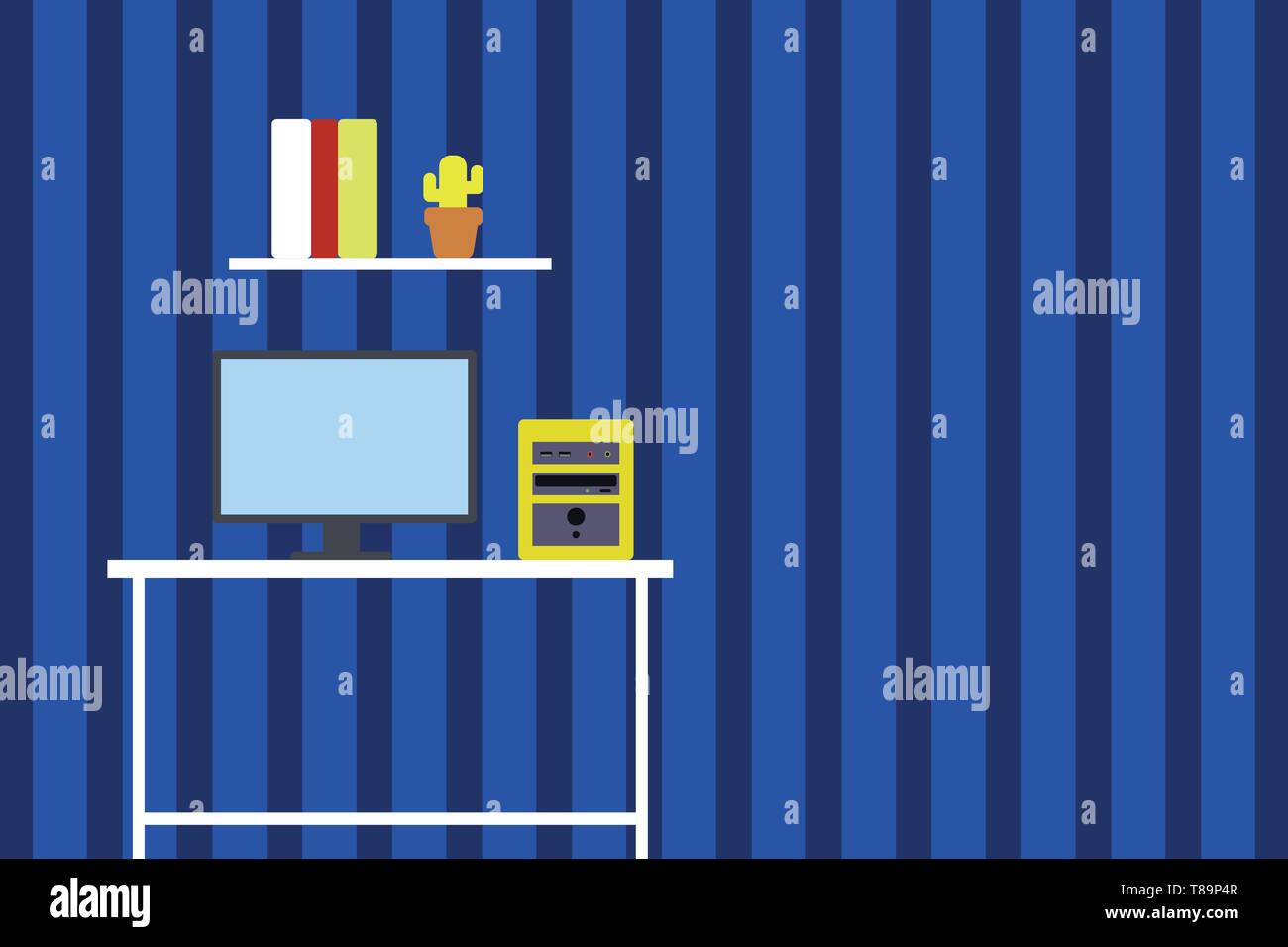 Desktop computer wooden table background shelf books flower pot ornaments Design business Empty