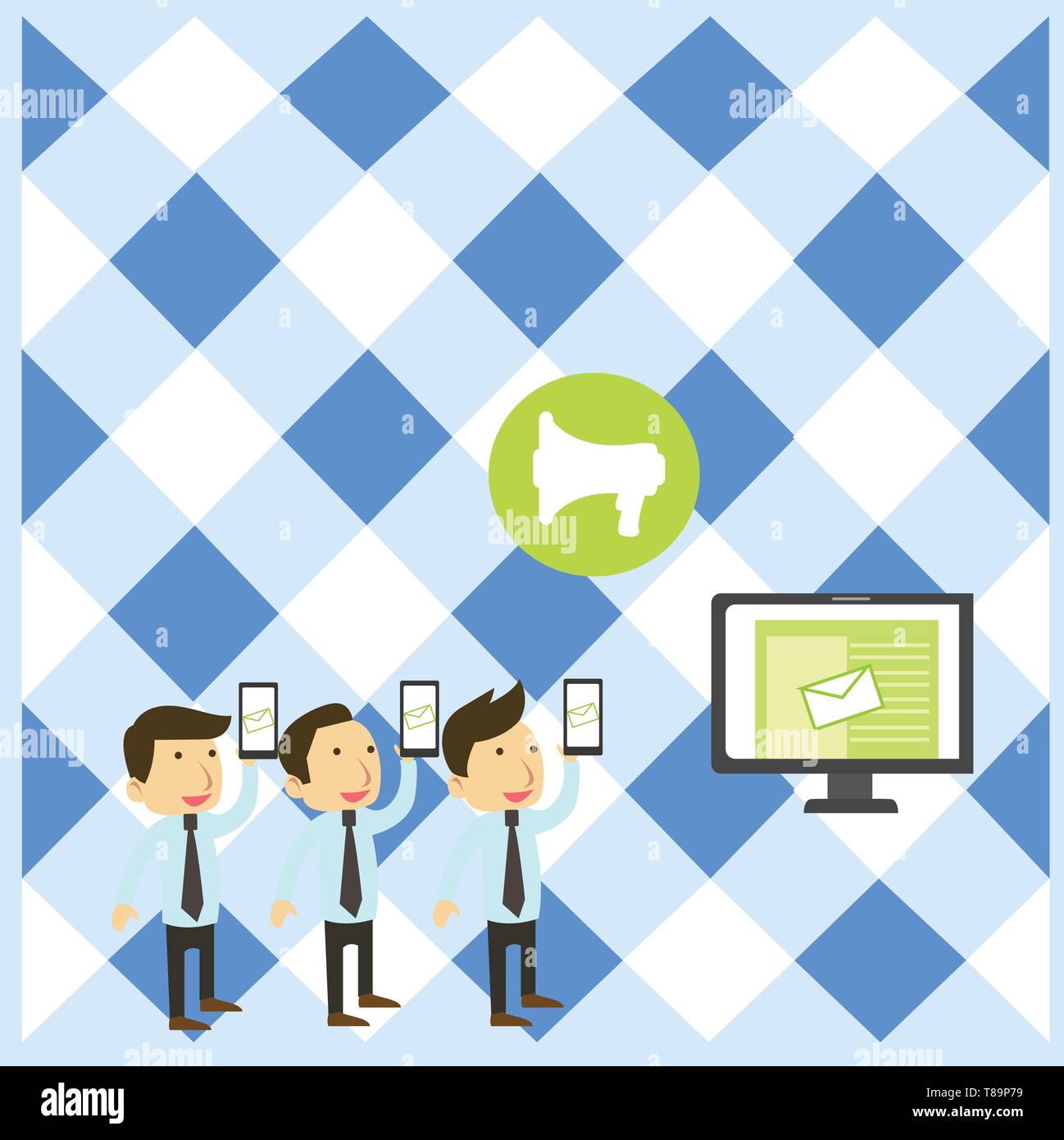 SMS Email Marketing Media Audience Attraction Personal Computer Loudspeaker Business concept Empty template copy space isolated Posters coupons promot Stock Vector