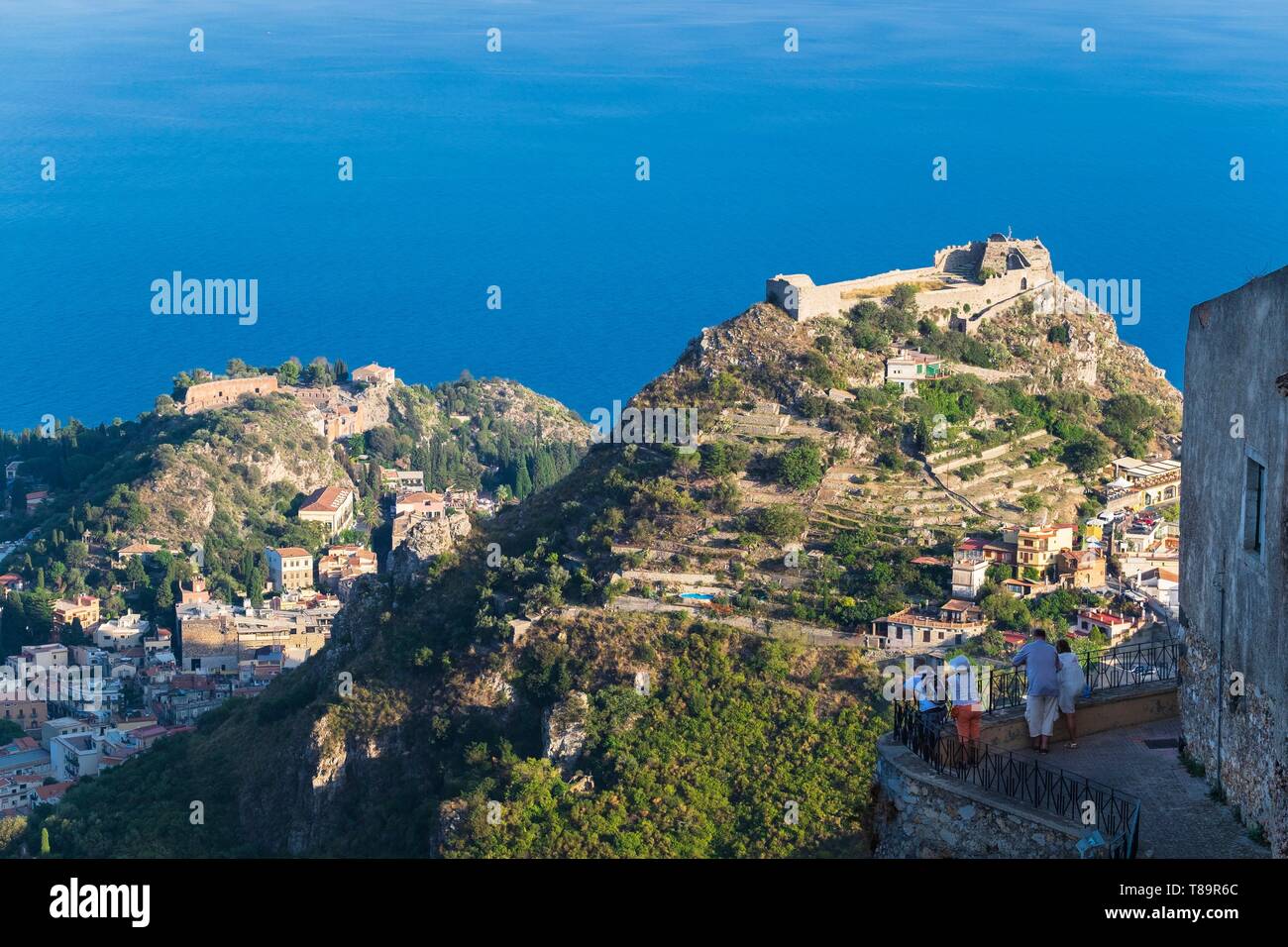 Italy, Sicily, Taormina, view from Castelmola over the remains of the ...