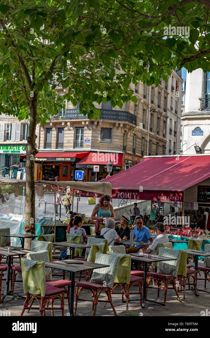 France, Paris, Mouffetard Street , cafe terrace under trees Stock Photo